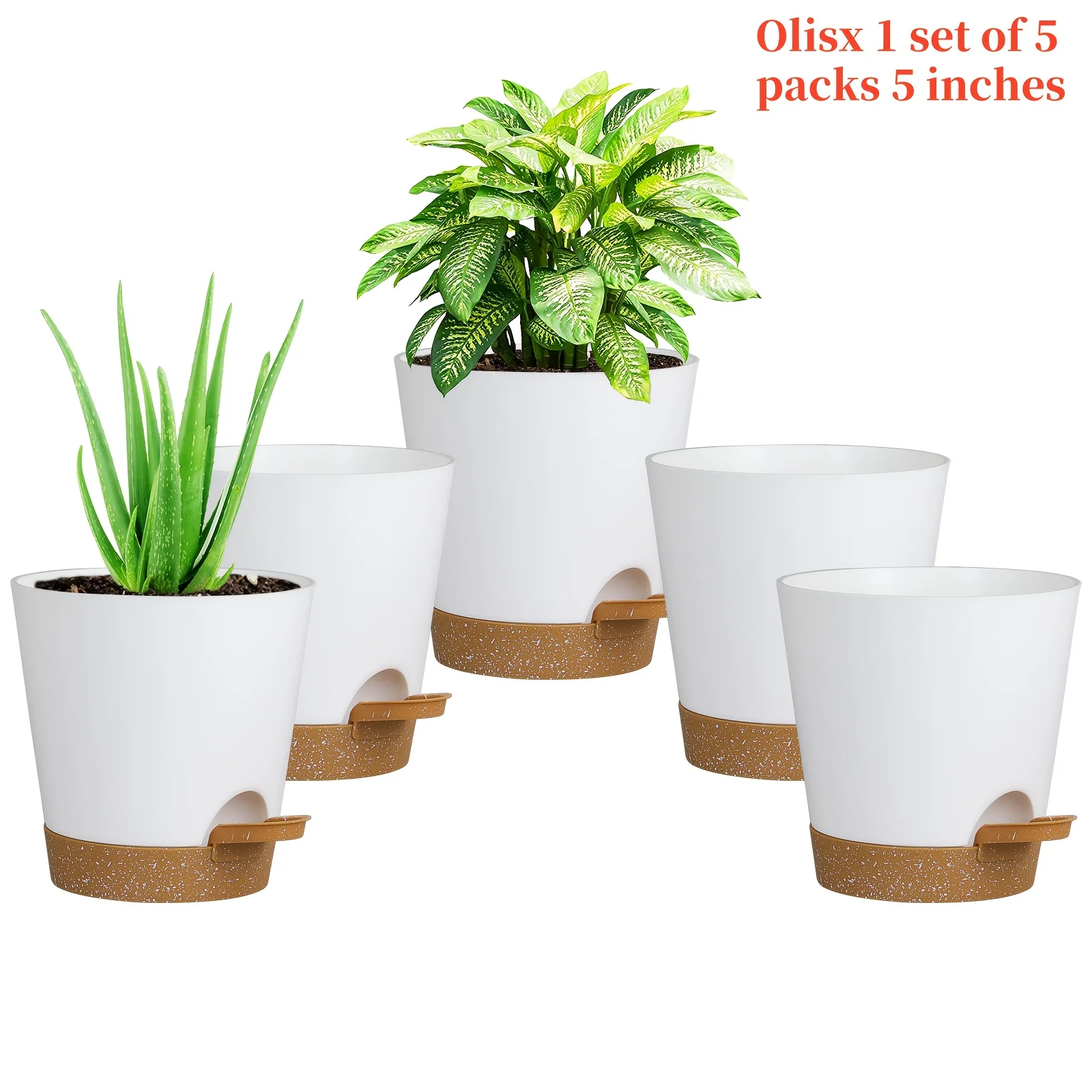 Automatic | Watering Olisx-H1405-5 Set of 5 Automatic Watering Flower Pots | Modern African Violet Pots with Drainage Holes And Trays | Suitable for Home Gardens, 5 Inches (Approximately 12.7 Cm)